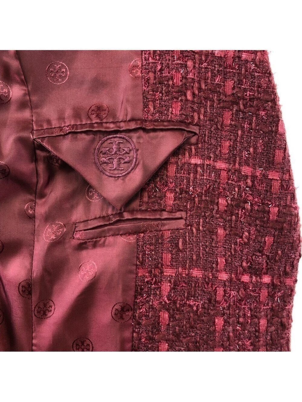 Tory Burch Patsy Glazed Tweed dark plum long line coat Size 2 appliqué embellish - Picture 9 of 14